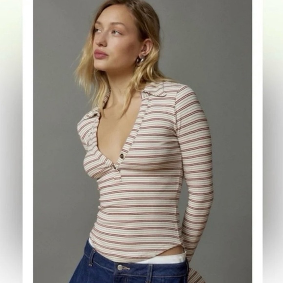 BDG Tops - BDG Taylor Polo Top Ivory Red Gray Stripe Long Sleeve Cropped Ribbed XL